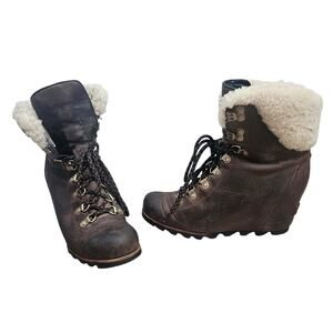 Sorel Women's Brown Leather Conquest Wedge Waterproof Snow Boots sz 8 Winter